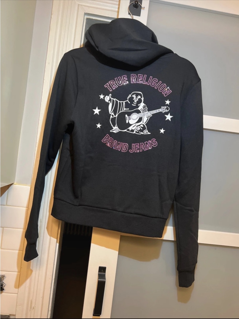 NWT True Religion Black Hoodie with White & Pink Back Graphic